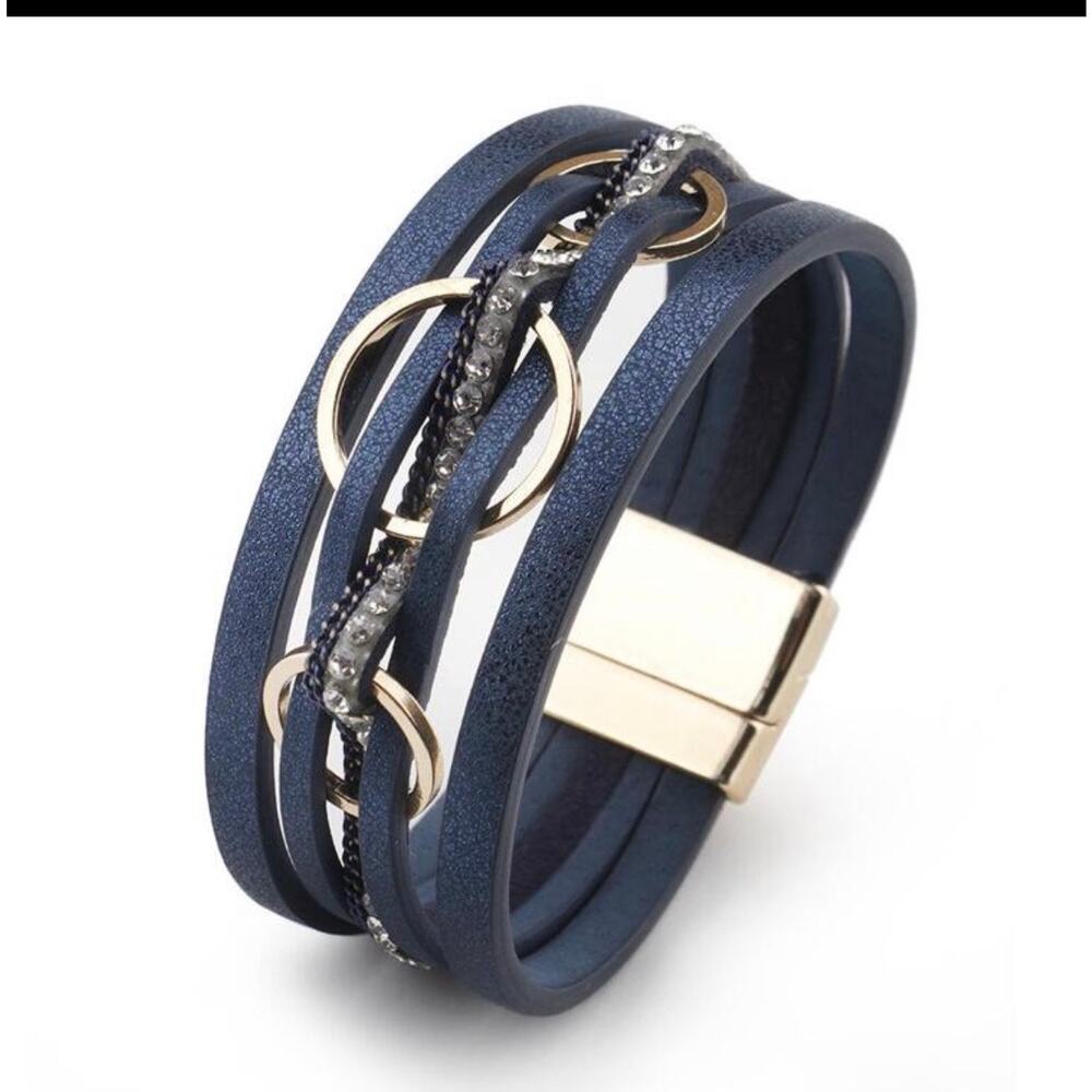 Navy Blue Faux Leather Gold Tone Wrap stacked Bracelet Magnetic Closure